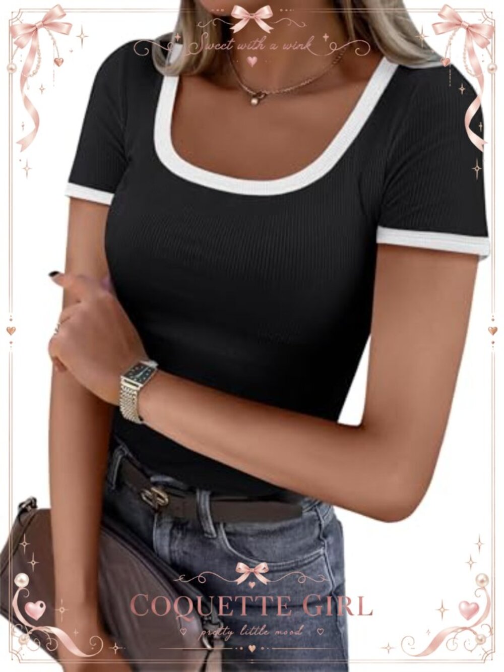 Ribbed Knit Square Neck Short Sleeve Fitted Tee Casual Summer Top